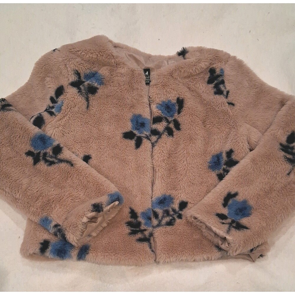Cuidado con el Perro Pink Jacket w/ blue flowers Zip up pockets Size M faux fur